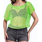 80s Neon Shirts for Women, Fishnet Top, Casual Neon Clothes, Off-Shoulder T-Shirt, Suitable for Masquerade Disco Party