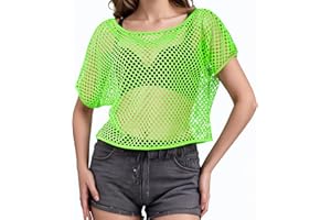 PKRFCJ 80s Neon Shirts for Women, Fishnet Top, Casual Neon Clothes, Off-Shoulder T-Shirt, Suitable for Masquerade Disco Party