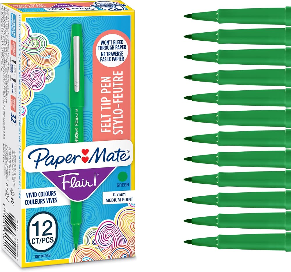 Paper Mate Flair Felt Tip Pens Medium Point 0.7 mm Green 12 Count