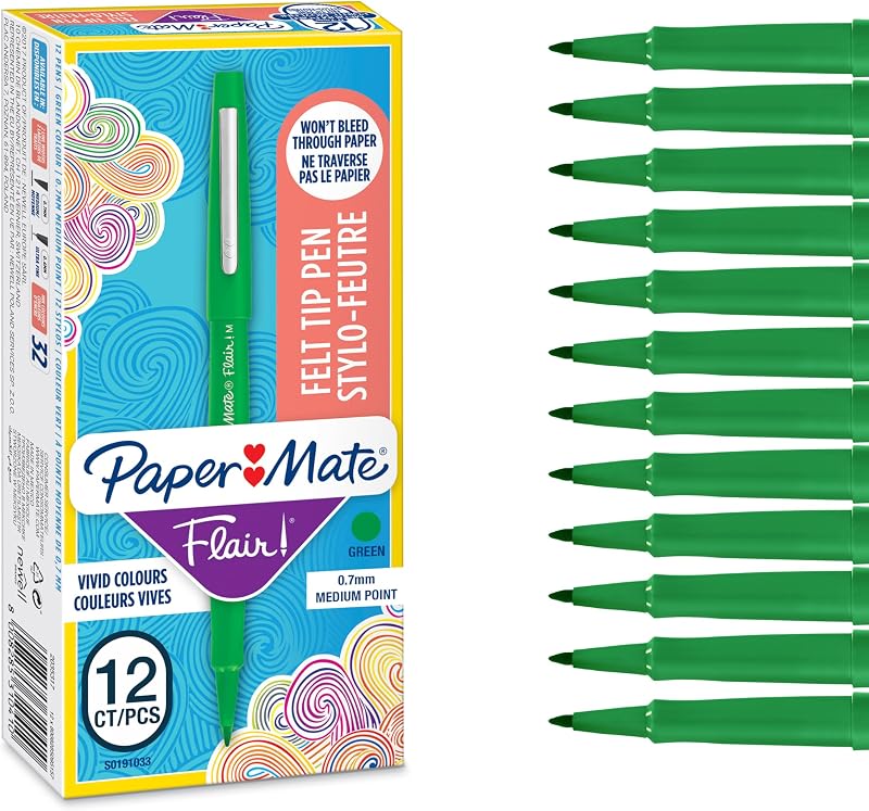 Paper Mate Flair Felt Tip Pens Medium Point 0.7 mm Green 12 Count