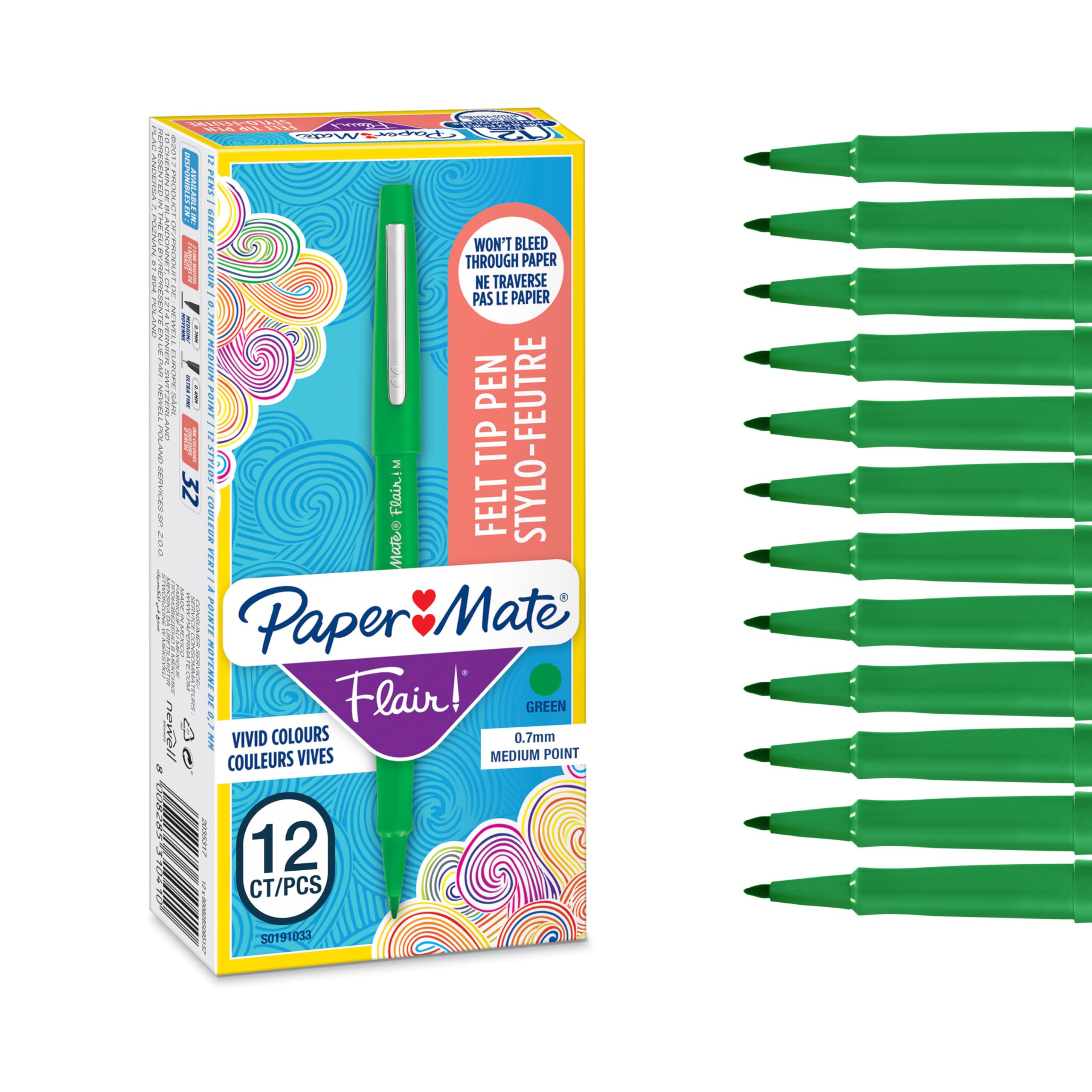 Paper Mate Flair Felt Tip Pens | Medium Point (0.7 mm) Marker Pens | Green Pens | For WritingMarkingDrawing & Sketching | 12 Count