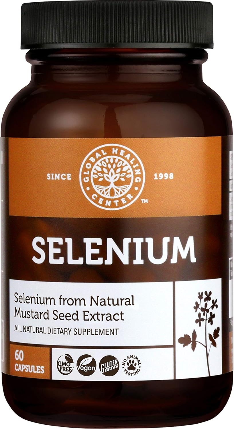 Global Healing Selenium 200mcg with Mustard Seed Extract, Antioxidant Supplement for Thyroid Support, Natural Metabolism, and Immune System Health - Non-GMO & Gluten-Free - Men & Women 60 Capsules: Health & Personal Care