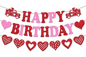 OHIVIAAA Valentines Birthday Banner Happy Birthday Banner Glitter Red Heart Garland Romantic Happy Valentine’s Day Theme Birthday Party Supplies Home Wall Indoor Decorations