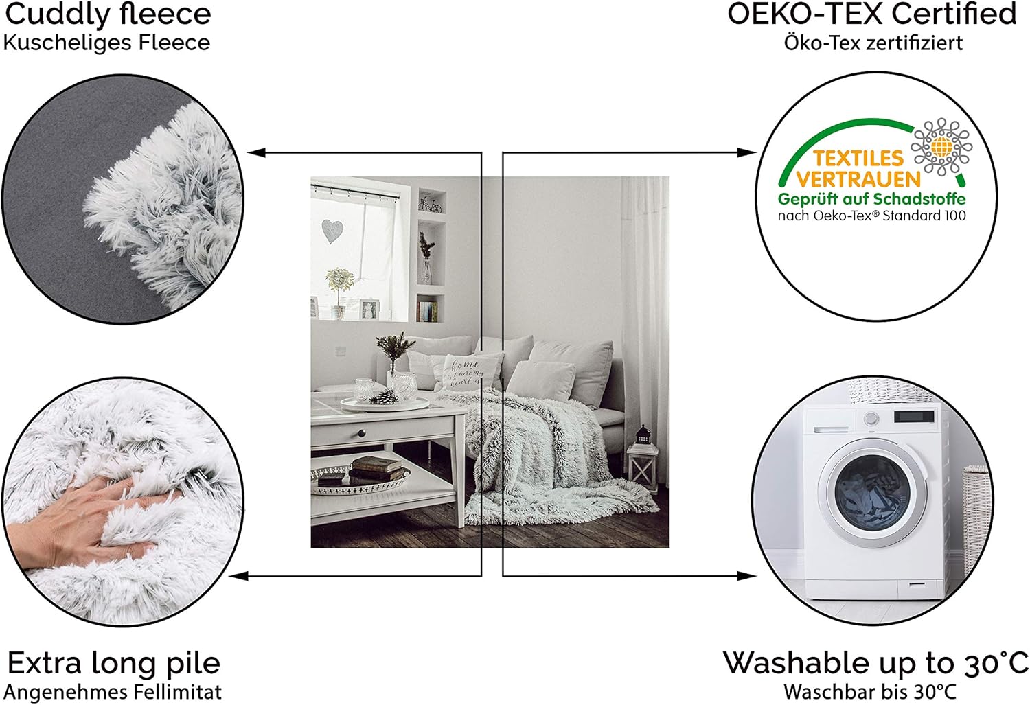 ZOLLNER throws for settees blanket long pile faux fur, 150x200 cm, grey-white, 912-grey White, 150/200 - Image 3