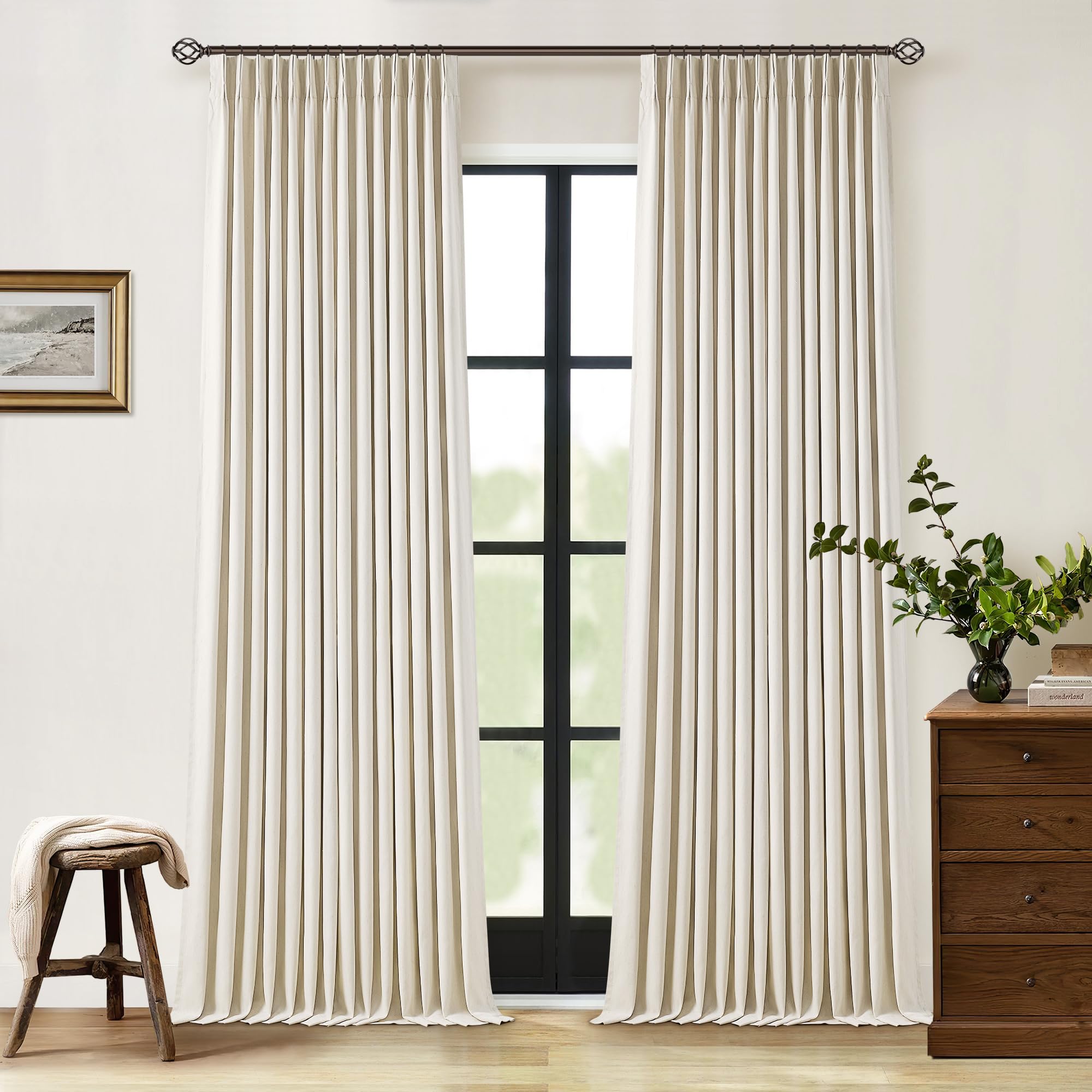 Photo 1 of Flax Linen Black Out Curtains for Bedroom Windows 96 Inch Long 2 Panels Pinch Pleated 2 Layer Back Tab Insulated Thermal Blackout Curtain Living Room Earthy Tone Cream Beige Drapes 96 Inch Length