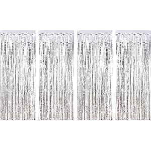 Sumind 4 Pack Foil Curtains Metallic Fringe Curtains Shimmer Curtain for Birthday Wedding Party Christmas Decorations (Silver)