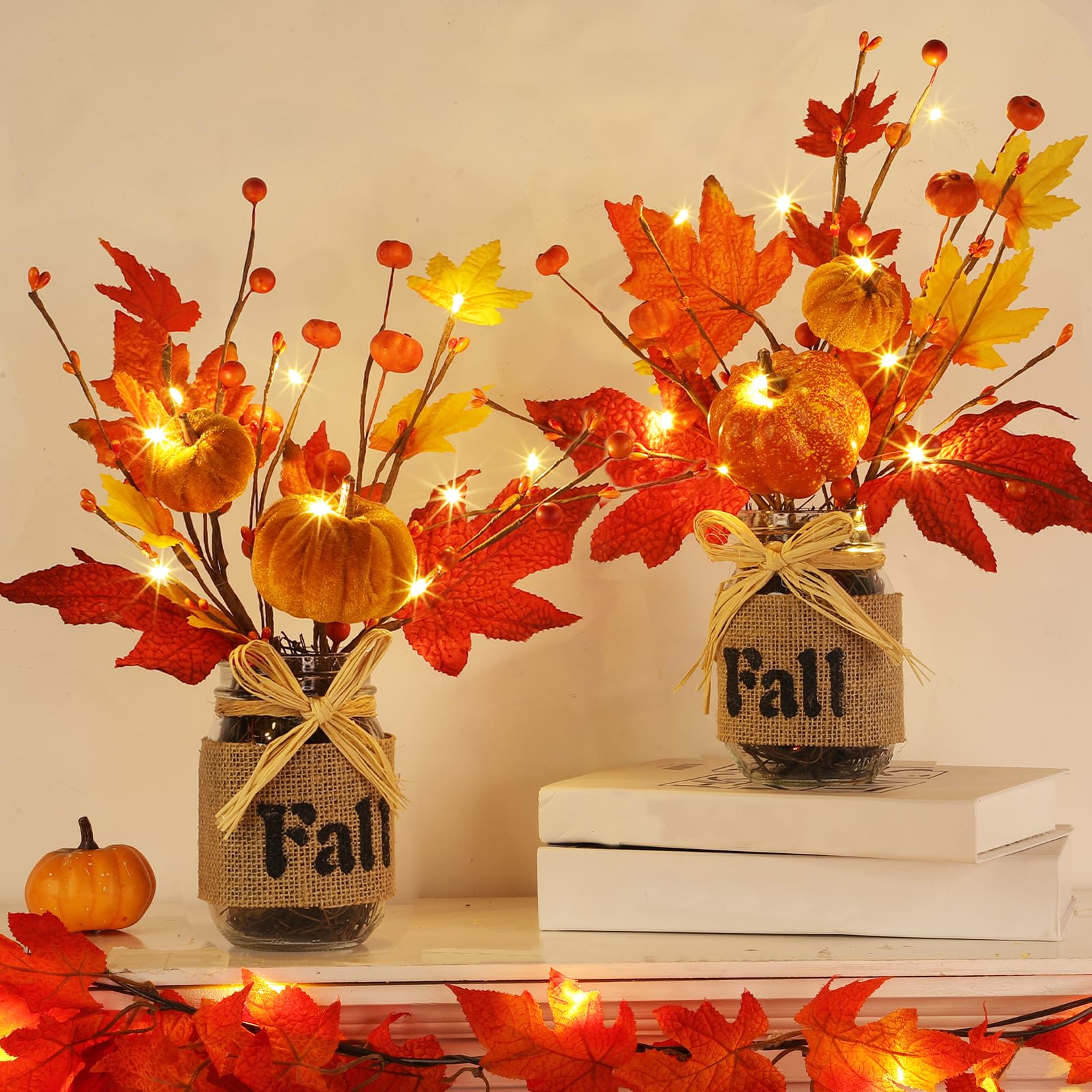Photo 1 of 2 Pack & Timer Thanksgiving Decorations 13.5 Inch Fall Table Centerpieces Mason Jar with 20 LED Lights Maples Leaves Pumpkins Berried Thanksgiving Centerpieces for Dinner Table Home Kitchen Office