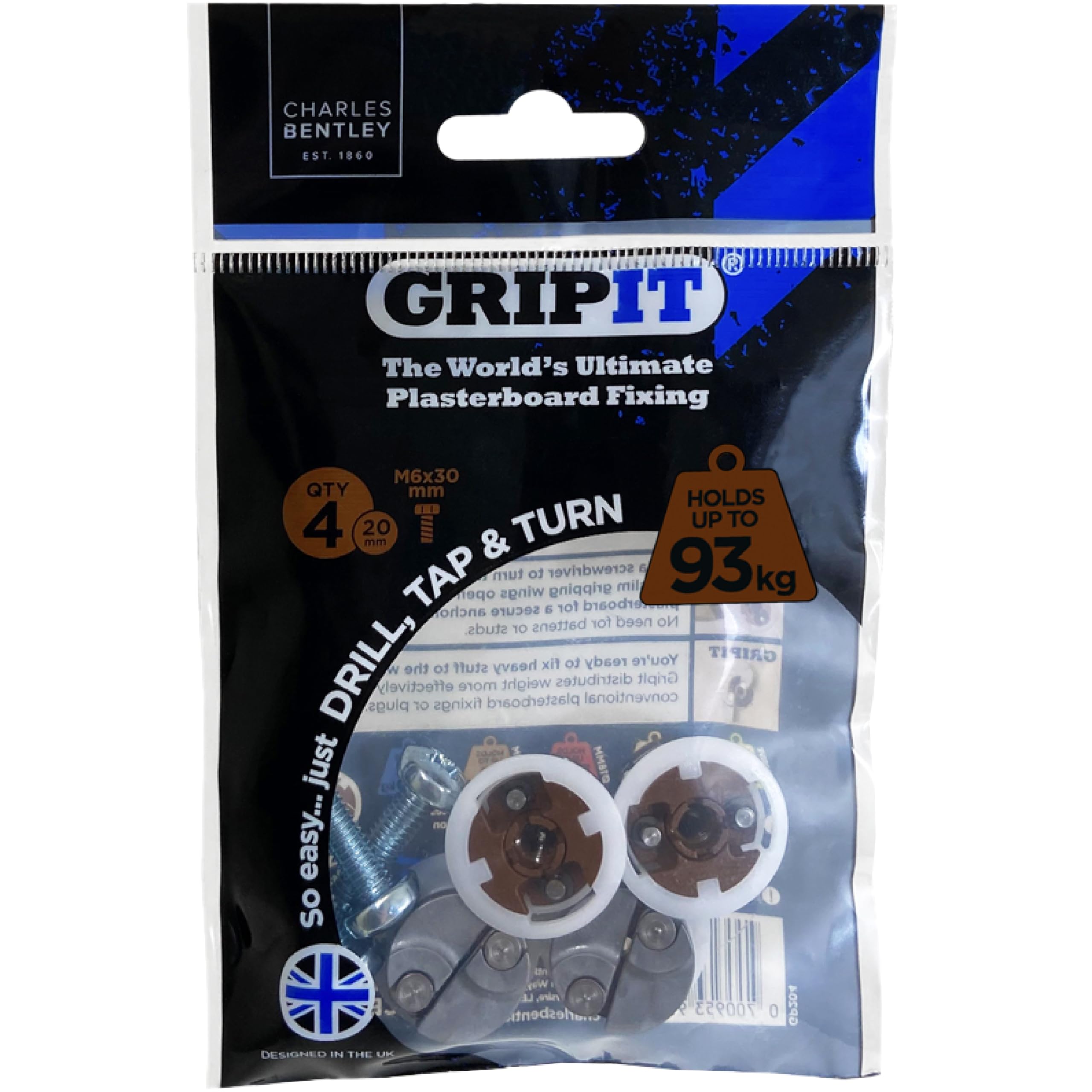 Gripit Brown Plasterboard Fixings - Pack of 4 - Heavy Duty Stud Wall fixings - Plasterboard Anchors - Ideal for Radiators, AV Equipment and Lighting - Easy Install - Holds Up to 93kg - UK Designed