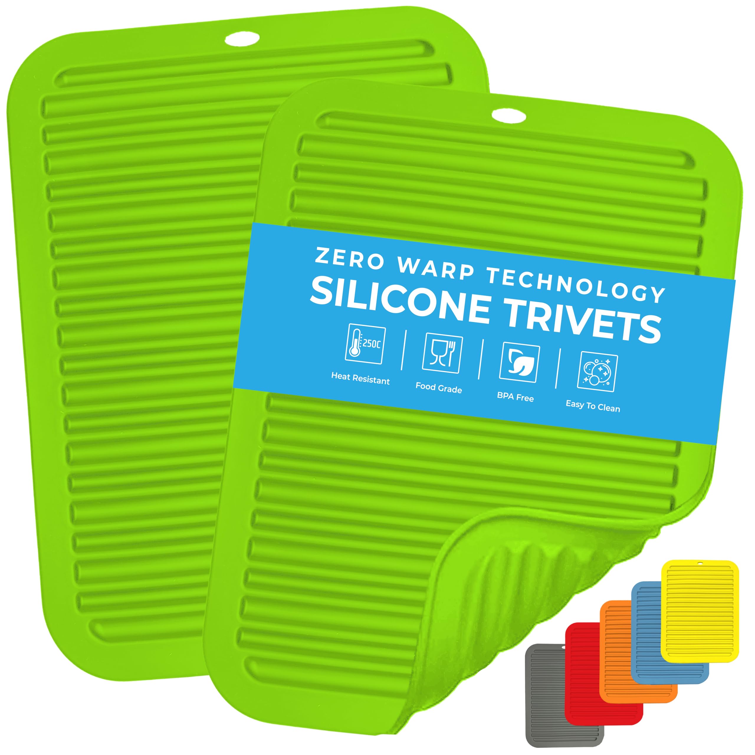 Silicone Trivets & Pot Holders - 2Pack - Zero Warp Technology - Heat Resistant - Non-Slip - Flexible - Durable Kitchen Drying Mat Set (Green, 30cm, Rectangle)