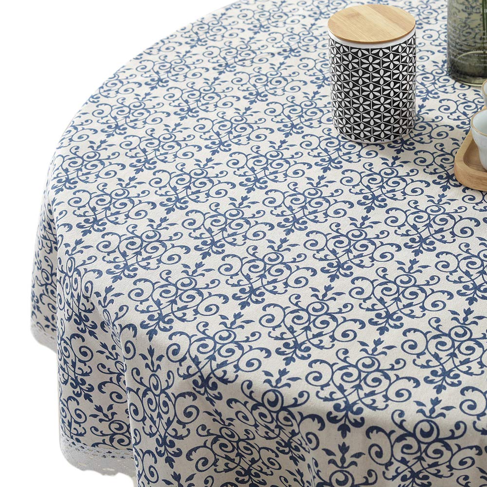 ColorBird Vintage Navy Damask Pattern Decorative Macrame Lace Tablecloth Heavy Weight Cotton Linen Fabric Decorative Table Top Cover (Round, 60 Inch, Navy Damask)