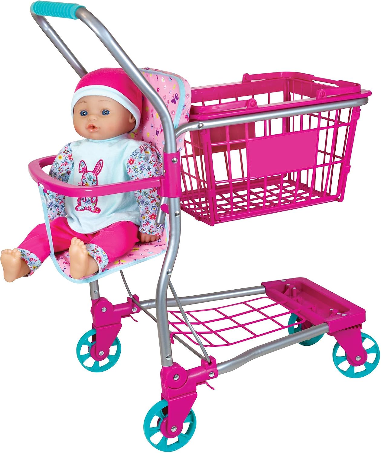 Molly Dolly 2 in 1 Kids Shopping Trolley & Basket Playset - Toy Shopping Cart For Kids, Pink, 63*46*30 cm - Image 4