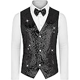 Lars Amadeus Sequins Vest for Men's V-Neck Slim Fit Shiny Disco Party Sleeveless Waistcoat Bowtie