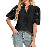 LUXEBOLD Women's V Neck Blouses Dressy Casual Puff Short Sleeve Shirts Hollow Summer Tops Business Women S-XXL