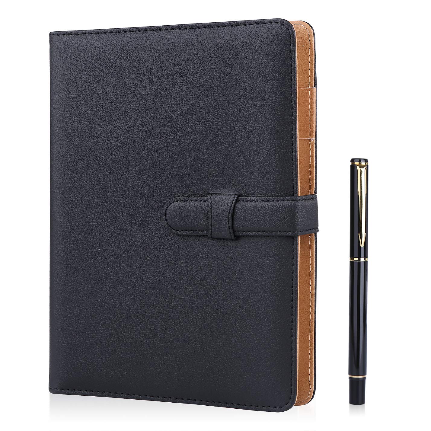 Minlna A5 Leather Notebook/Refillable Loose Leaf Business Notebook/Notepad,200 Thick Pages,Classic Lined with Pocket and Pen Holder,Can be Given as a Gift. (black)