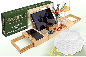 HMGDFUE Bamboo Bathtub Caddy Tray with Bath Pillow, Extendable Adjust from 19.8 to 33.5Inches Bath Trays for Tub with Wine Glass and Phone Book Holder for Couples Wedding Gifts for Her