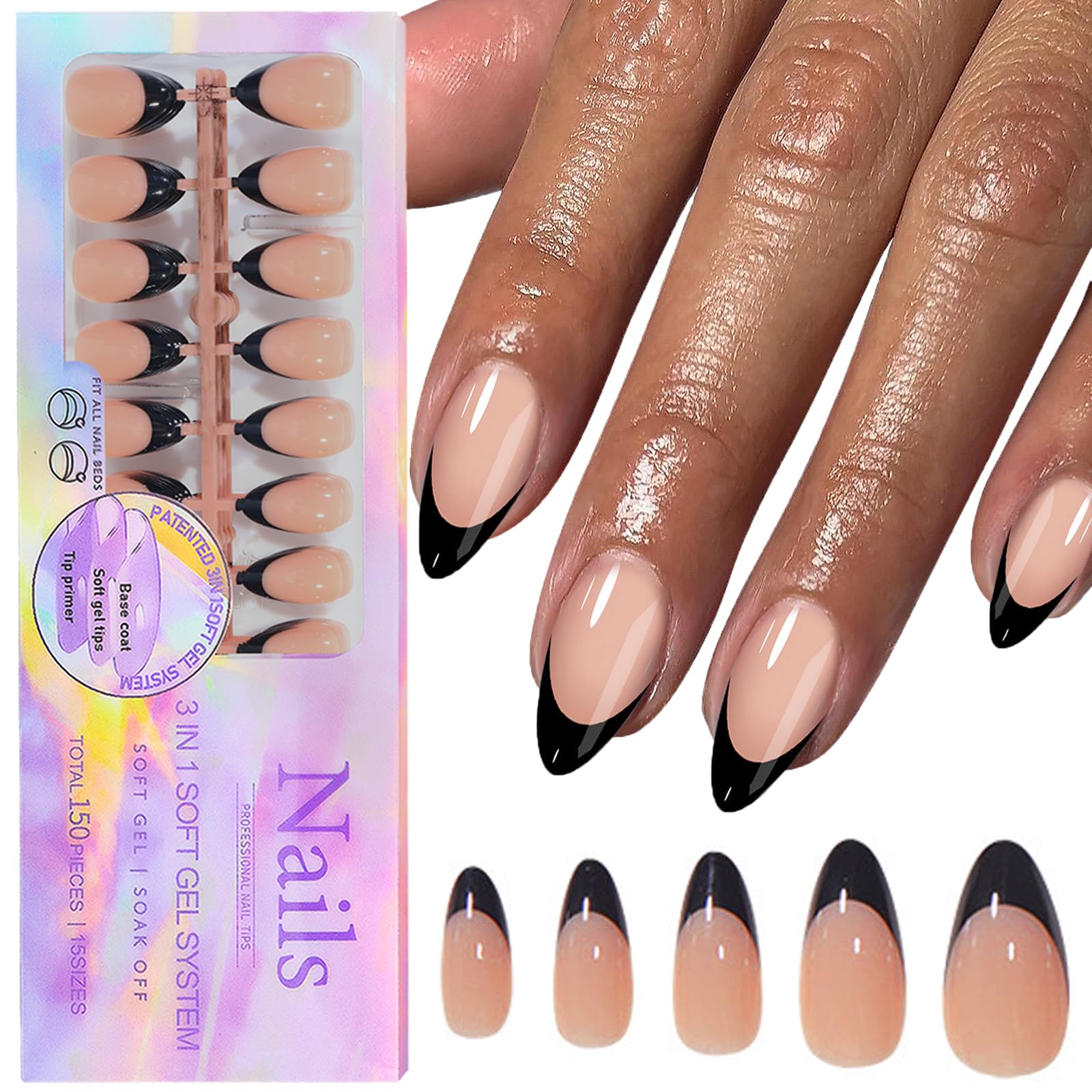 Photo 1 of 150 Pcs Black French Tip Press on Nails Medium Almond Fake Nails Full Cover False Nails Black Tip Nails Press ons Glossy Acrylic Artificial Nail with Adhesive Tab for Women Girls Manicure