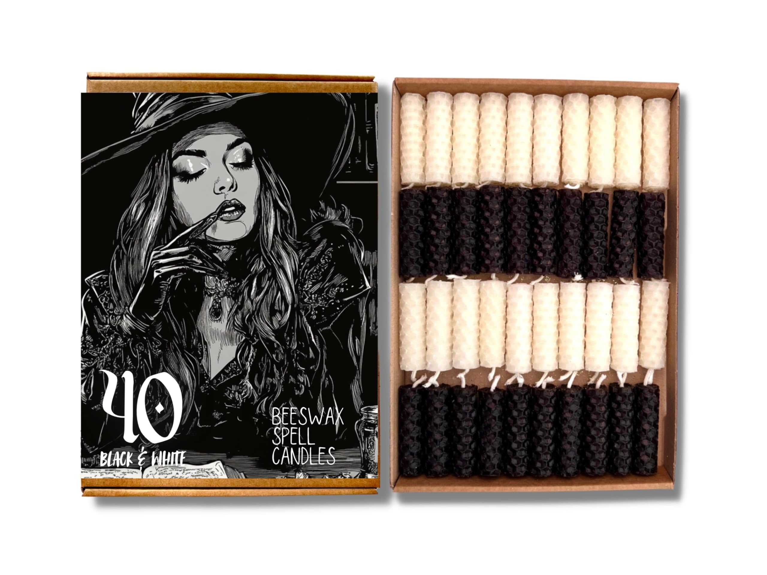 Phoenix Candle Company - Mini Beeswax Spell Candles Set - 40 Count - Hand-Rolled - Black & White