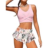Qaoerde Girls Swimsuit Tropical Print Bikini Set with Ruffle Hem Two Piece Criss Cross Bathing Suits for Girls 7-14 Years