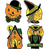Beistle Vintage Halloween Cutouts 4-Count &ndash; Double-Sided Decorations with Retro Witch, Pumpkin, Cat and Owl Designs for Spooky Wall Displays and Halloween Parties &ndash; 8&frac12;"&ndash;9&frac14;"