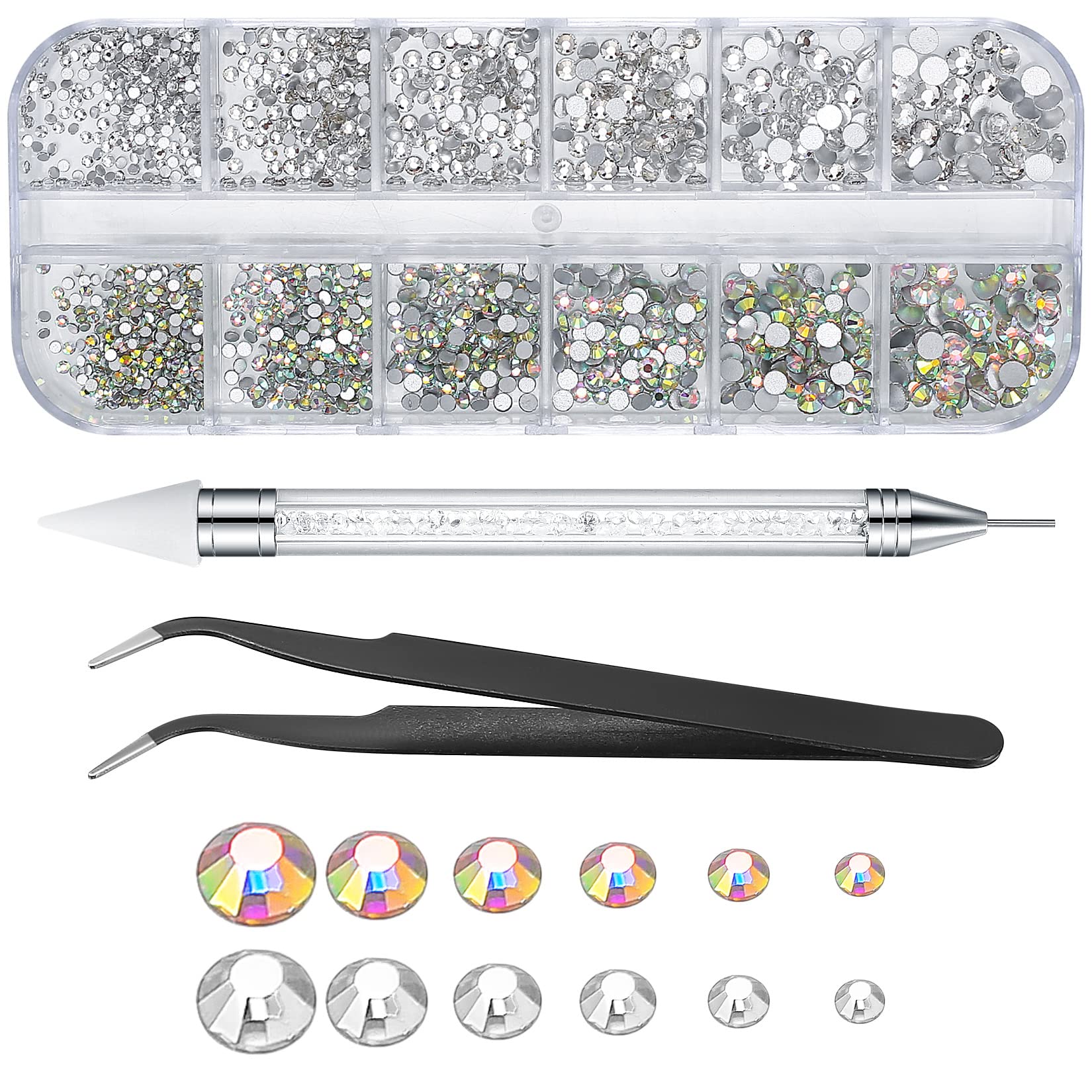wugongshan Nail Art Rhinestones, Nail Gems, Flat Back Nail Art Crystals, AB Shiny Nail Crystals Gems with Rhinestone Picker Dotting Pen and Pick Up Tweezers, for Nail Art, Face, Teeth