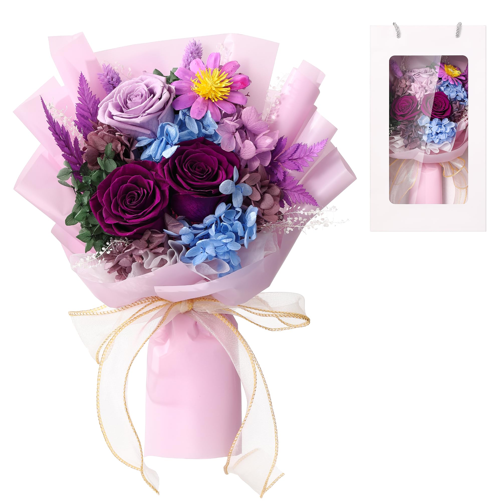 Preserved Flowers Bouquet Gifts for Women, Birthday Gifts for Her, Flower Bouquet Preserved Flower Roses Gifts for Mom Wife Mothers Day Anniversary Chrismas.Purple Light Purple