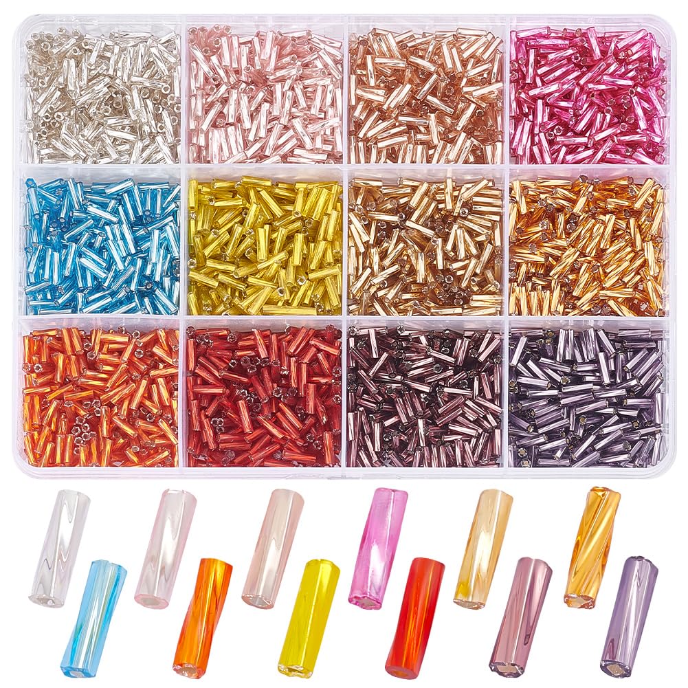 PH PandaHall 3540pcs 6mm Twisted Bugle Beads 12 Colors Metallic Tube Seed Beads for Earrings, Bracelets, Necklaces, Waist Chain Jewellery Making
