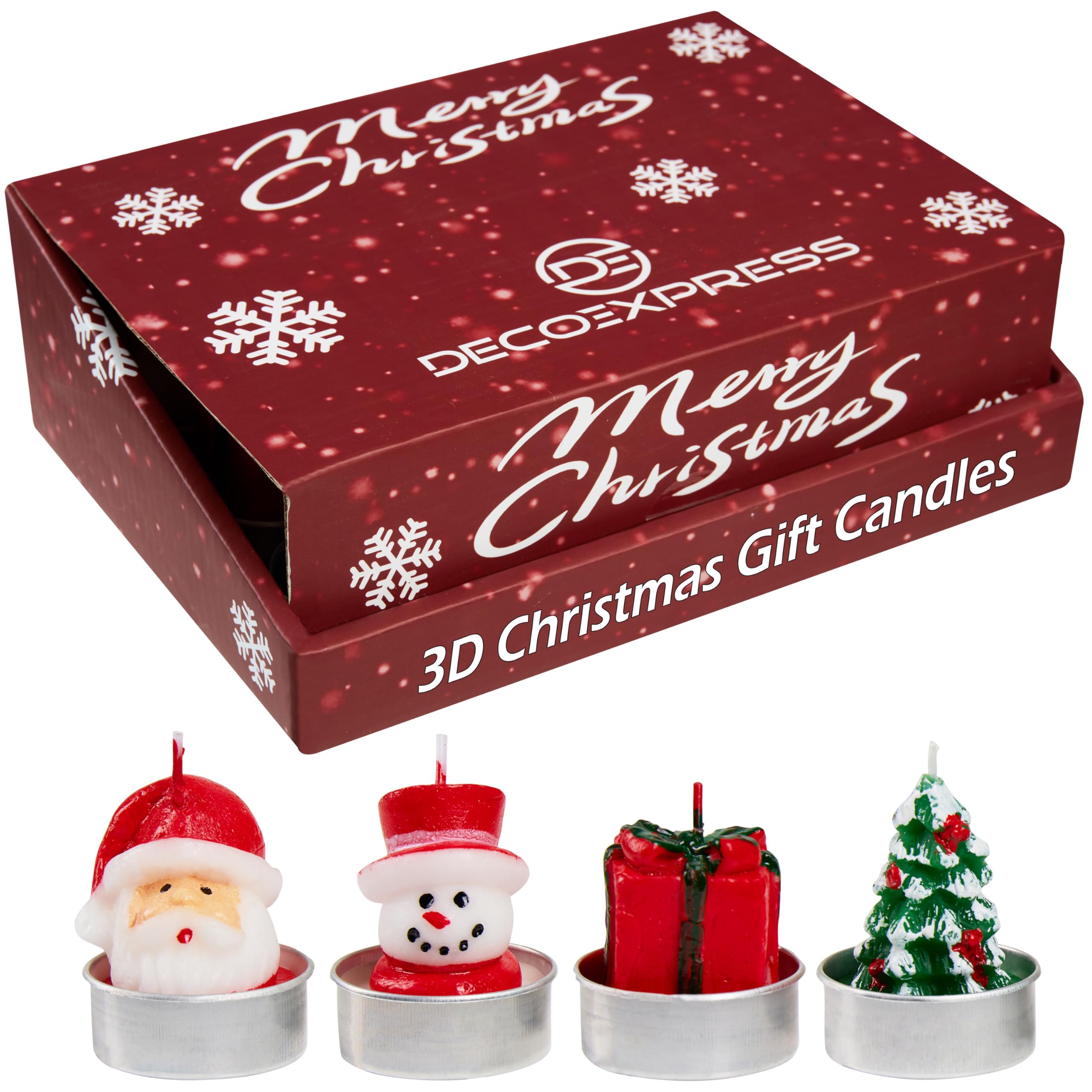 DECO EXPRESS Christmas Tealight Candle Set, Multipack of 6, 12 or 15 with 2.5, 3 or 6 Hours Burning Time Festive Xmas Decor Unscented (Multi 3D 12 Pack)