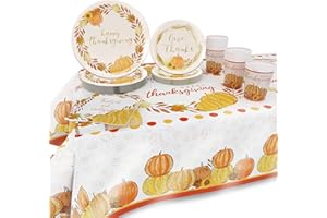 ATFUNSHOP Thanksgiving Plates Napkins Cups Tablecloth SERVE 24 Disposable Tableware Paper Plates Cups Napkins Plastic Tablecloth Perfect for Thanksgiving Table Decoration Thanksgiving Dinnerware