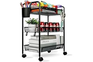 DKHDBD 3 Tier All-Metal Rolling Cart, Trolley Craft Cart with Locking Wheels, Easy-Carry and Assembly Mesh Trolley Cart with 1 Small Baskets and 4 Hooks for Bathroom Kitchen Office Balcony Living Room