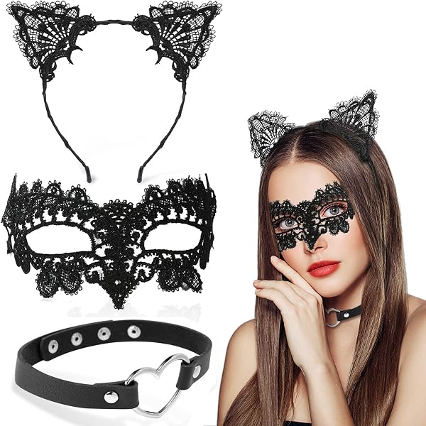 5-Piece Gothic Masquerade Mask Set For Women - Black Lace Mask, Choker, Cat Ears, Fishnet Gloves
