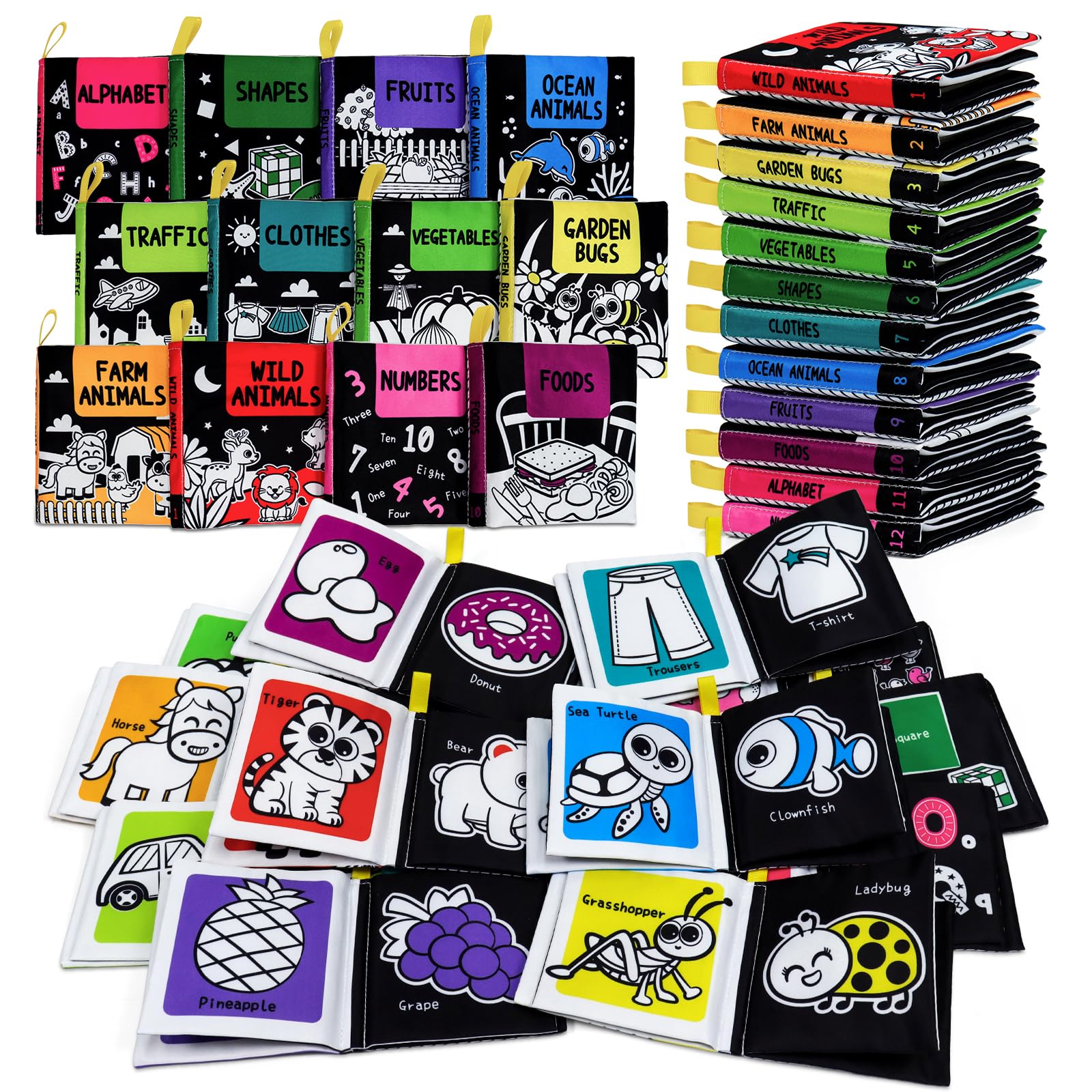 Photo 1 of OKOOKO 12PCS Soft Baby Books Black and White High Contrast Soft Cloth Bath Books Crinkle Washable Non-Toxic Early Education Preschool Learning Toy for Newborns Babies Infants Toddlers Kids