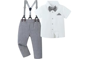 ZOEREA Boys Clothes Formal Suit Gentleman Wedding Outfit Short Sleeve Shirt with Bow Tie and Suspender Pants 2-10 Years