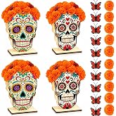 4 Pcs Day of The Dead Sugar Skull Decoration with Marigolds & Butterfly | Quality Wooden Build, Anti-Tip Base, Authentic Sugar Skull for Dia De Los Muertos Ofrenda Altars Table Centerpieces