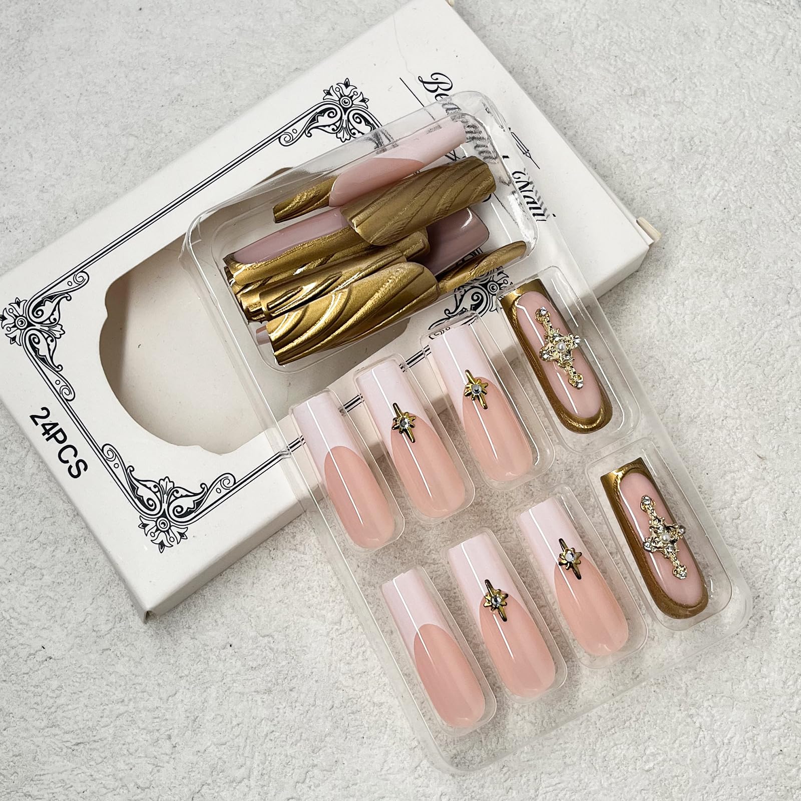 ROFIBUT French Tip Press on Nails Long Square Fake Nails with 3D Relief Design Glossy Gold Solid Color Coffin False Nails Luxury Star Charms Glue on Nail for Women Girls Manicure Nail Decoration 24Pcs - Image 5