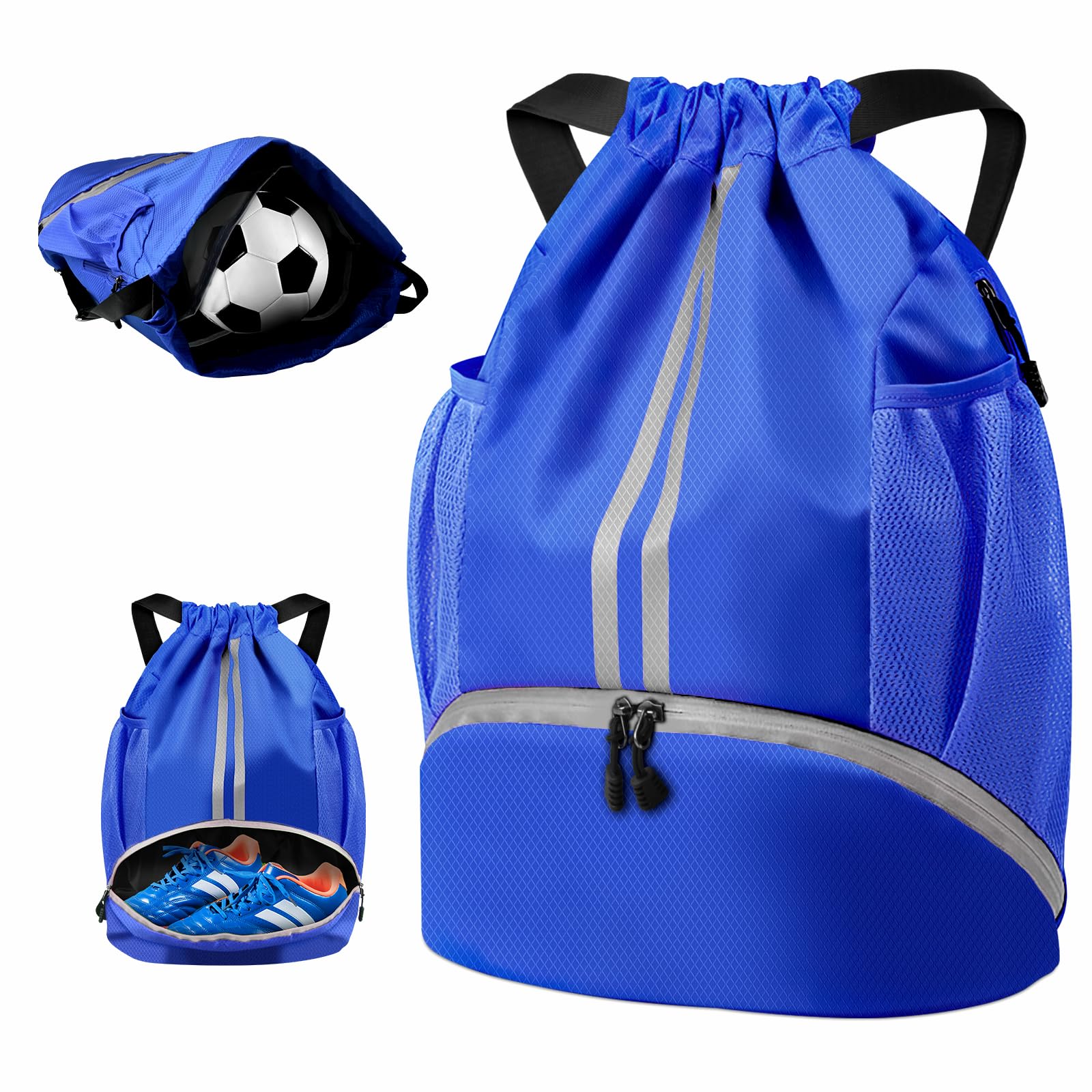 BROTOU Unisex Drawstring Backpack, Waterproof Gym Bag, Large Oxford PE Pack, Students School Backpack, Durable Sports Ball Bag, with Shoe Bag (A, Royal Blue)