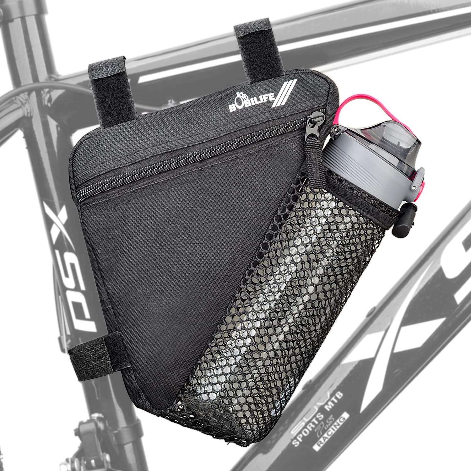 RUNQIN Bike Triangle Frame Bag - Bicycle Cycling Storage Triangle Top Tube Front Pouch Saddle Bag for Road and Mountain Bikes (Upgrade with Bottle Holder), Black