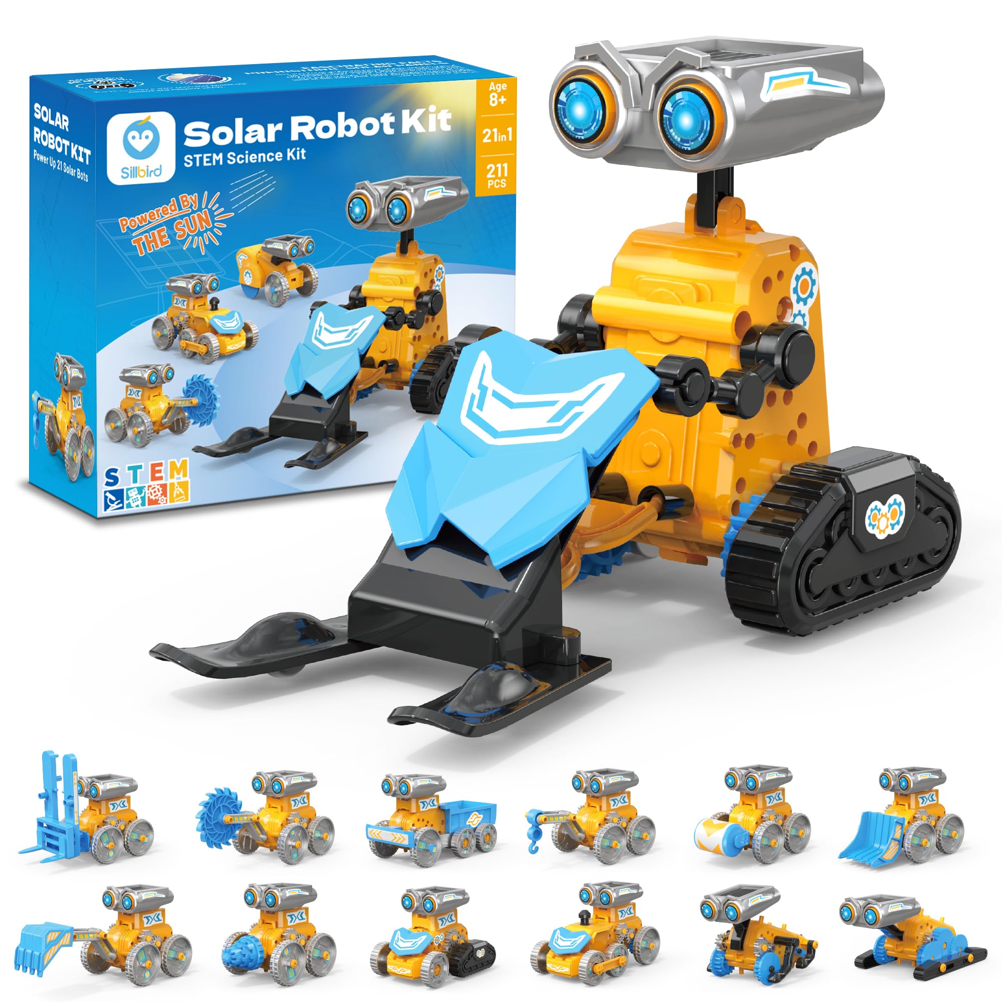 Sillbird Solar Robot Building Kit STEM Gift for Boys Aged 8-12, 21-in-1 DIY Science Educational Robotic Toys for Kids Birthday, Powered By The Sun with 211 Pieces, Yellow