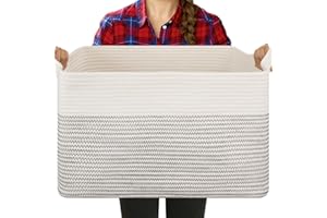 OIASKET Large Blanket Basket, Blanket Storage Living Room, Rectangle Woven Baskets for Storage Toys, Towels, Diry Clothes Organizer Bins (Black & White, 19.7"x15.8"x11.8")