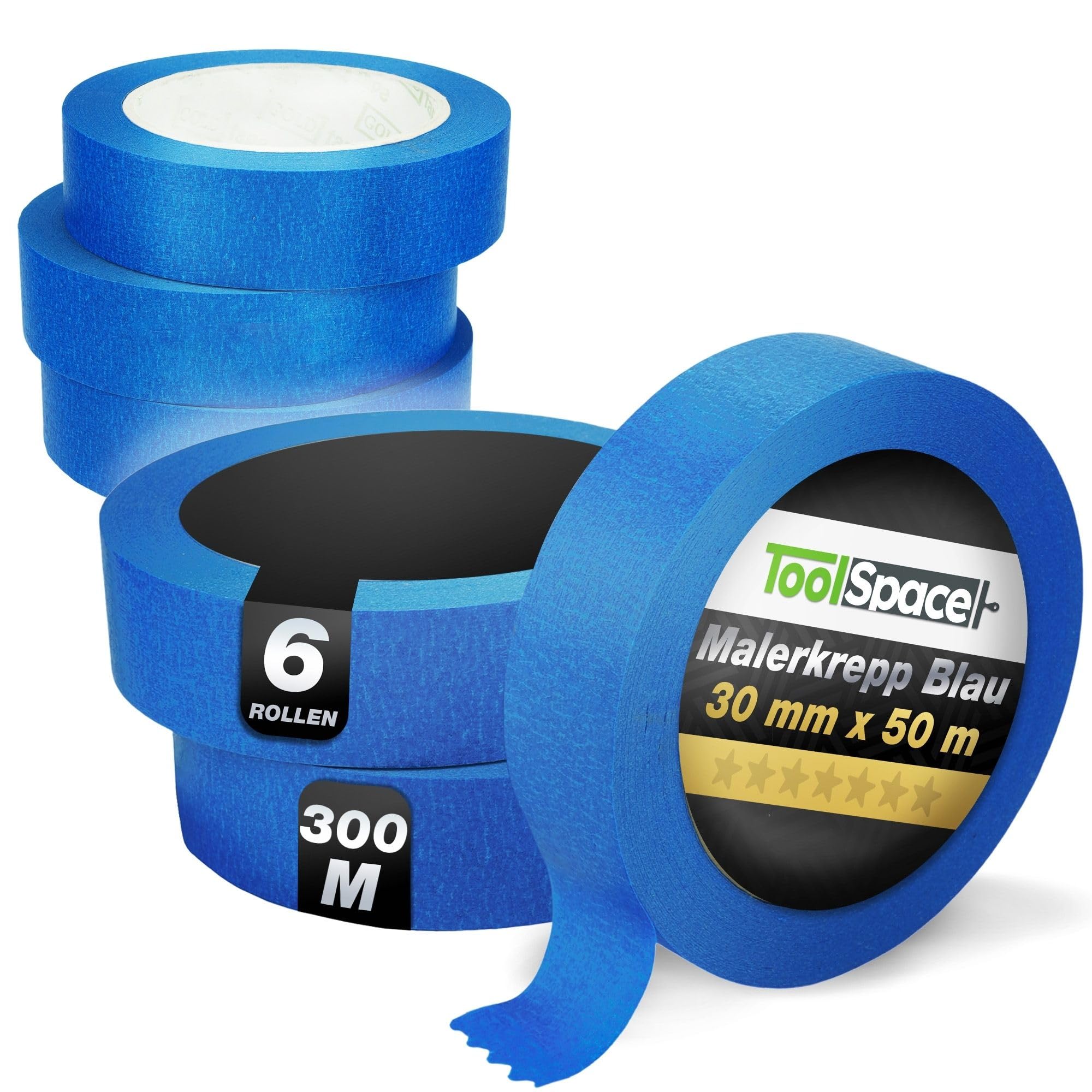 ToolSpace Crepe Tape - Blue Painter's Tape Set - Professional Painter's Tape for Renovation Work - Masking Tape for Painting - Solvent Free - 30mm / 50m Roll Set of 6 300m