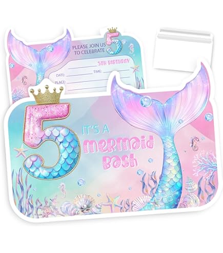 Mermaid Birthday Invitations - 20 Pack Under The Sea Party Cards With Envelopes