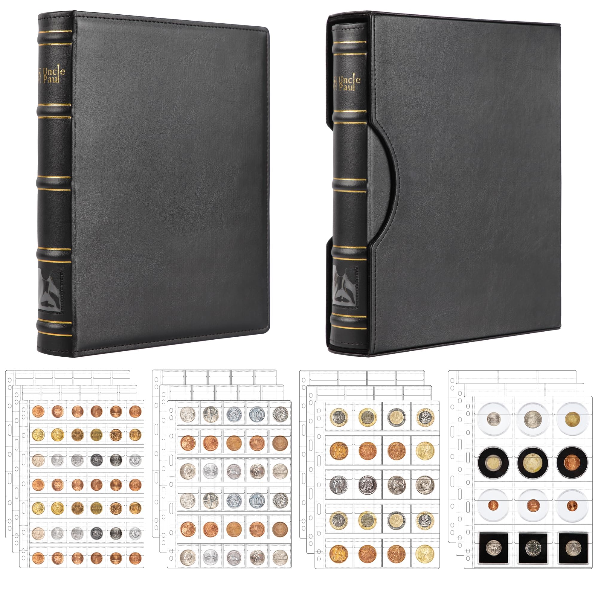 Uncle Paul 306 Pockets Coin Collection Album Binder with Slipcase Set - Assorted 4 Sizes of Pockets, 12 Pages Collection Book, All in One 4-Ring Coin Album 9.6"x 11.8" BC01