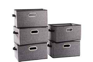 PRANDOM Larger Collapsible Storage Bins for Closet [5-pack] Decorative Linen Fabric Storage Baskets Cubes with Leather/Metal Handles for Living Room Grey (17.3x12.2x10.4 Inch)