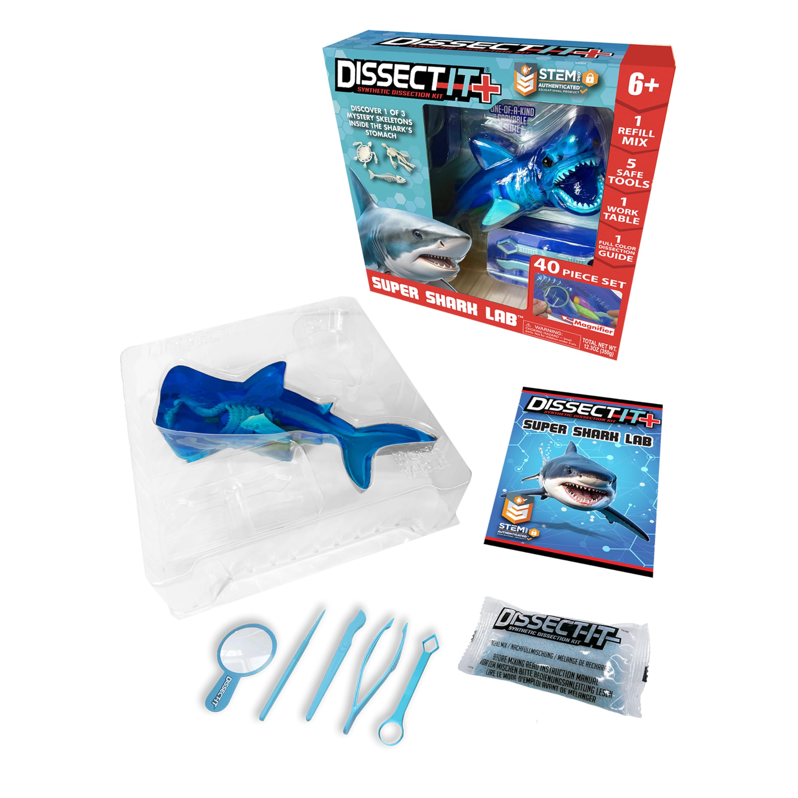 Dissect-It Super Shark Lab Dissection Kit, 40-Piece Realistic Synthetic STEM Science Kit with Tools, Reusable Toy Marine Biology for Kids Ages 6+