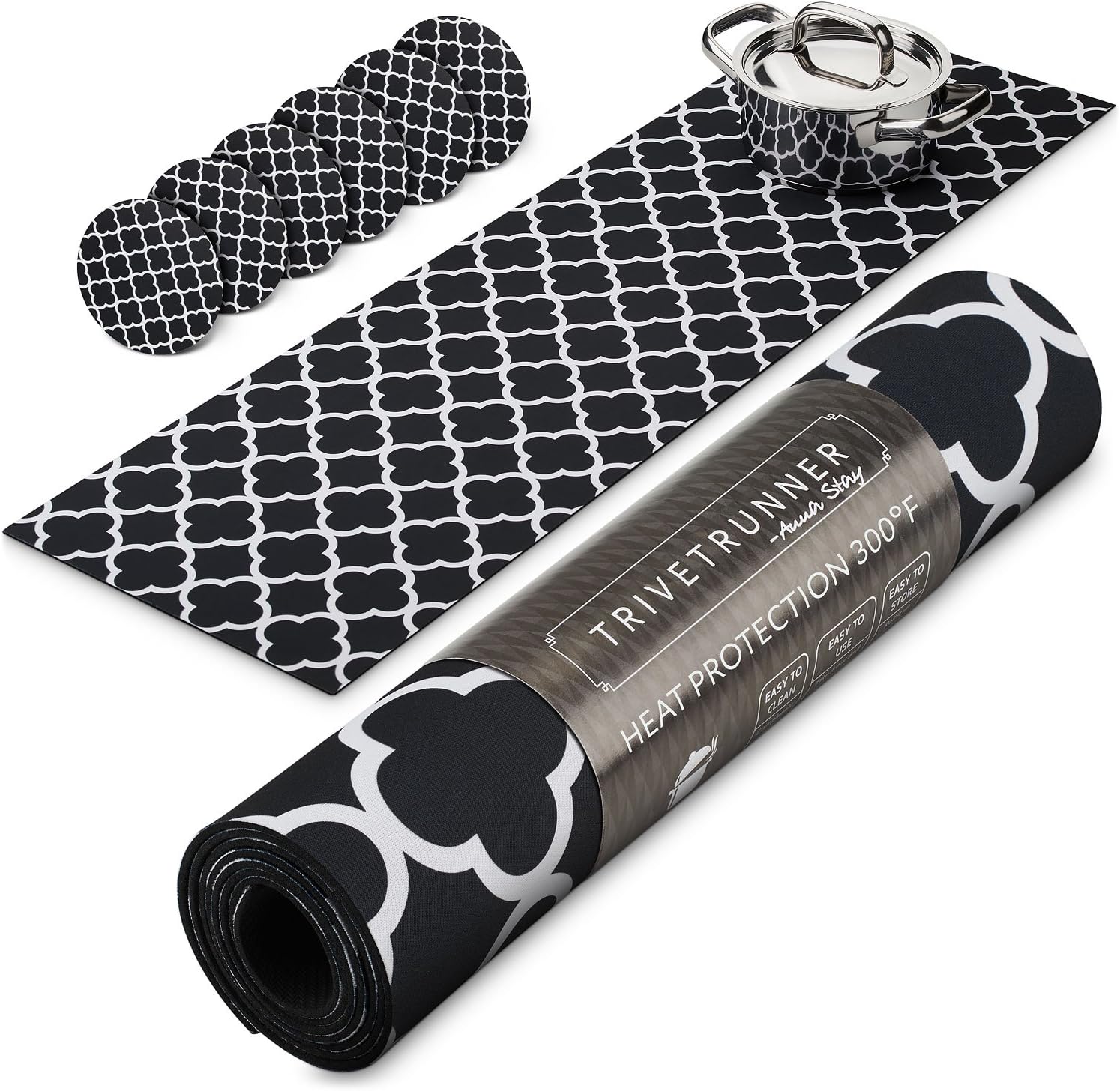 Black & White Set Trivetrunner with Coasters (6 pcs) :Decorative Trivet and Kitchen Table Runners Handles Heat Up to 300F, Anti Slip, Waterproof, and Convenient for Hot Dishes and Pots
