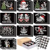 Yeaqee 100 Pcs Skeleton Christmas Greeting Cards | Spooky Holiday Cards with Envelopes & Seal Stickers, 10 Funny Designs, Dark Retro Xmas Postcards for Goth Winter Party Gift