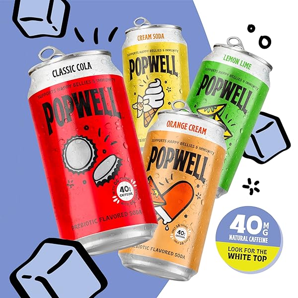 POPWELL CLASSIC COLA CAFFEINATED BETTER-FOR-YOU PREBIOTIC SODA, WITH 6G FIBER, 1G SUGAR, VITAMINS AND IMMUNITY SUPPORT, 12 FL OZ CANS (PACK OF 12)