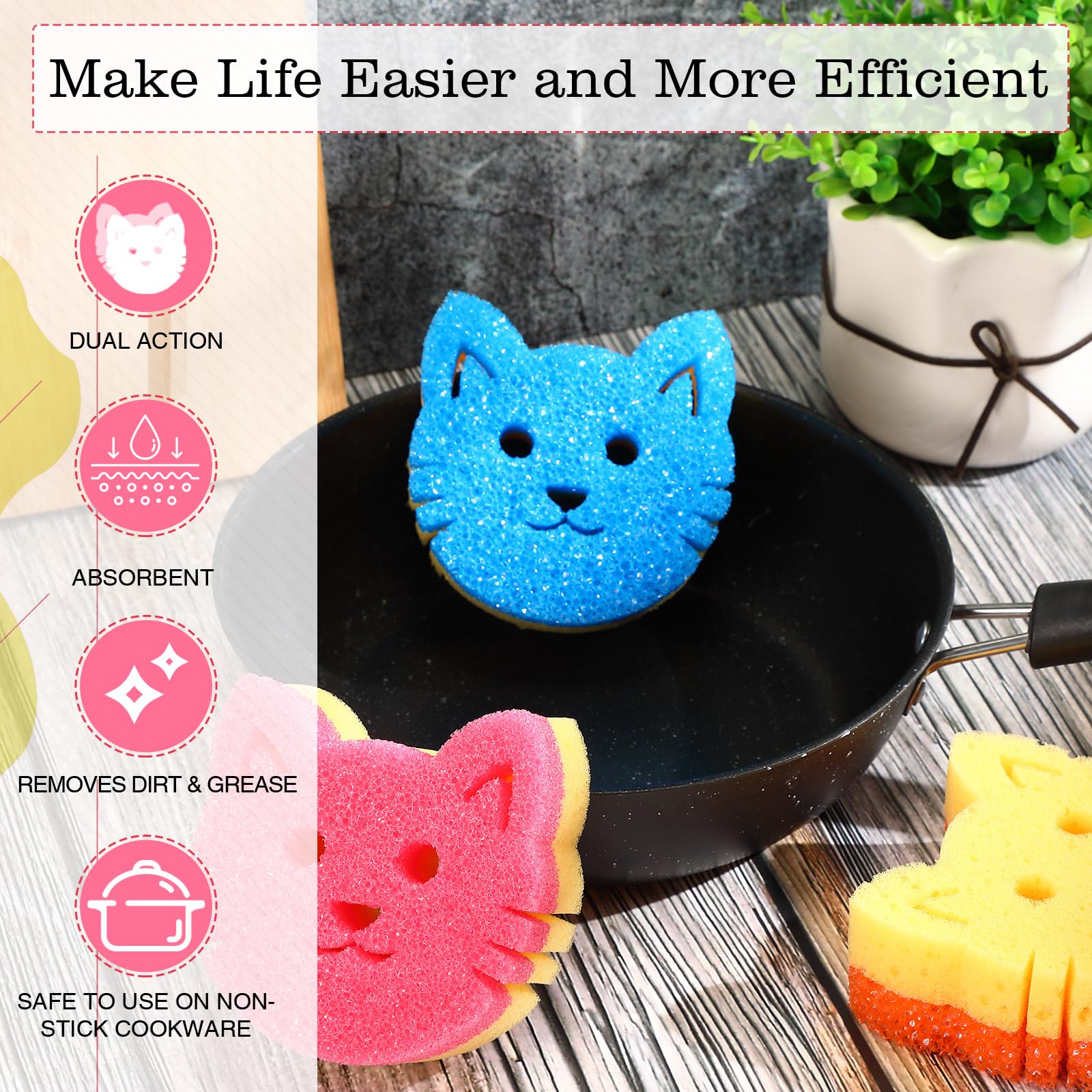 Mua 6 Pcs Cat Dual Sided Scrub Sponge Cleaning Sponges Cute Temperature ...