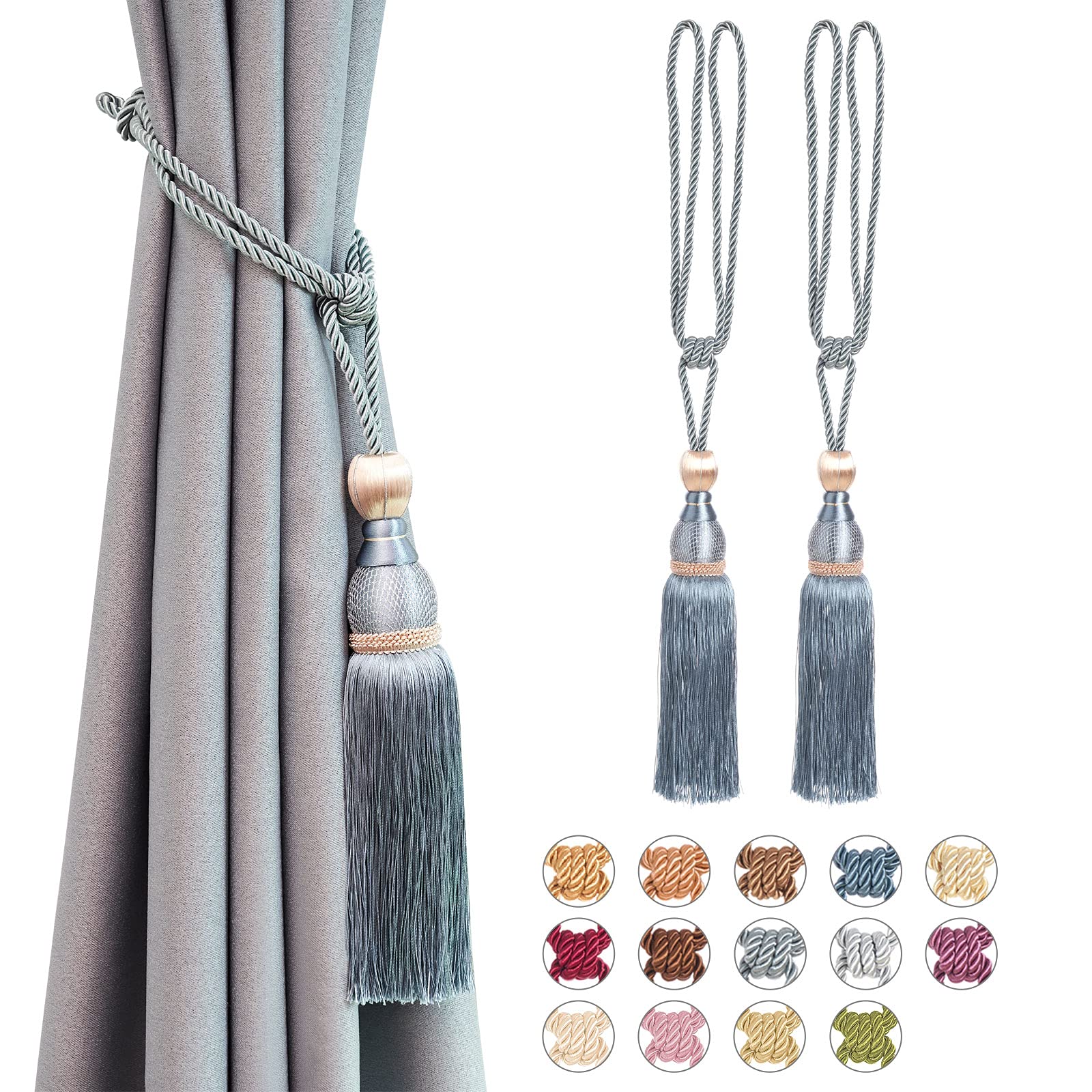 Pretty Jolly 2 Pack Mesh Ball Tassel Curtain Tiebacks European Vintage Style Curtain Holdbacks Handmade Braided Rope Decorative Drape Tie Backs for Home and Office Window Drapery (Grey Blue)