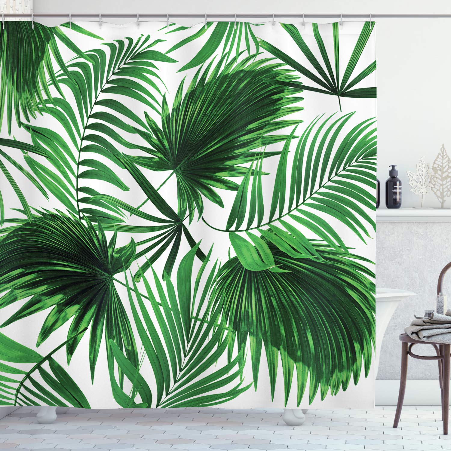 ABAKUHAUS Palm Leaf Shower Curtain, Realistic Vivid Leaves of Palm Tree Growth Ecology Botany Themed Print, Cloth Fabric Bathroom Decor Set with Hooks, 86 Inches Extra Long, Fern Green White — image 1