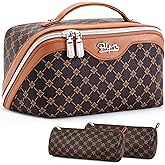 BOYATU Travel Makeup Bag Cosmetic Bags for Women: 3 Pcs Set Large Portable Make up Bag with Handle - Vegan Leather Toiletry Bags with Compartments - Makeup Organizer for Travel Essentials(A-1-Coffee)